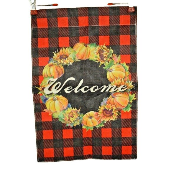 Pumpkins and Sunflowers Welcome 12 x 18 inch Double Sided Burlap Garden Flag - Picture 2 of 2